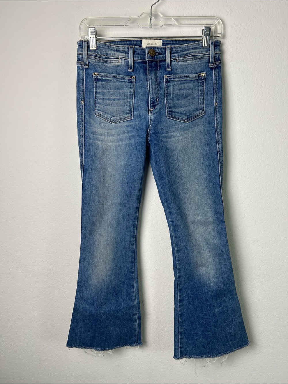 McGuire Frayed Raw Hem Patch Pocket Blue Denim Jeans
